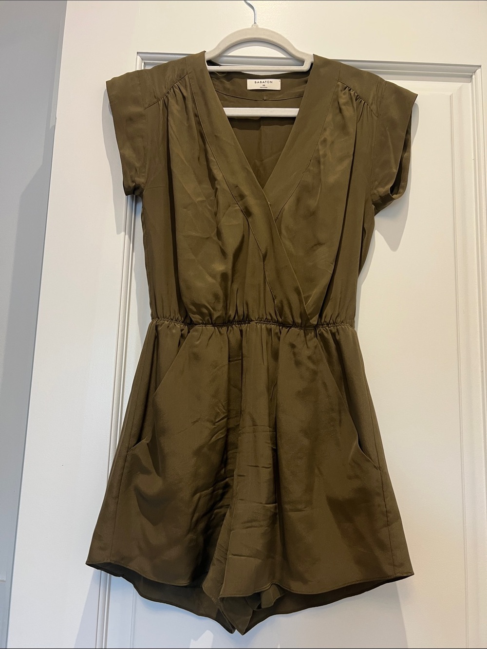 Babaton Olive Green Satin Short Sleeve Romper
